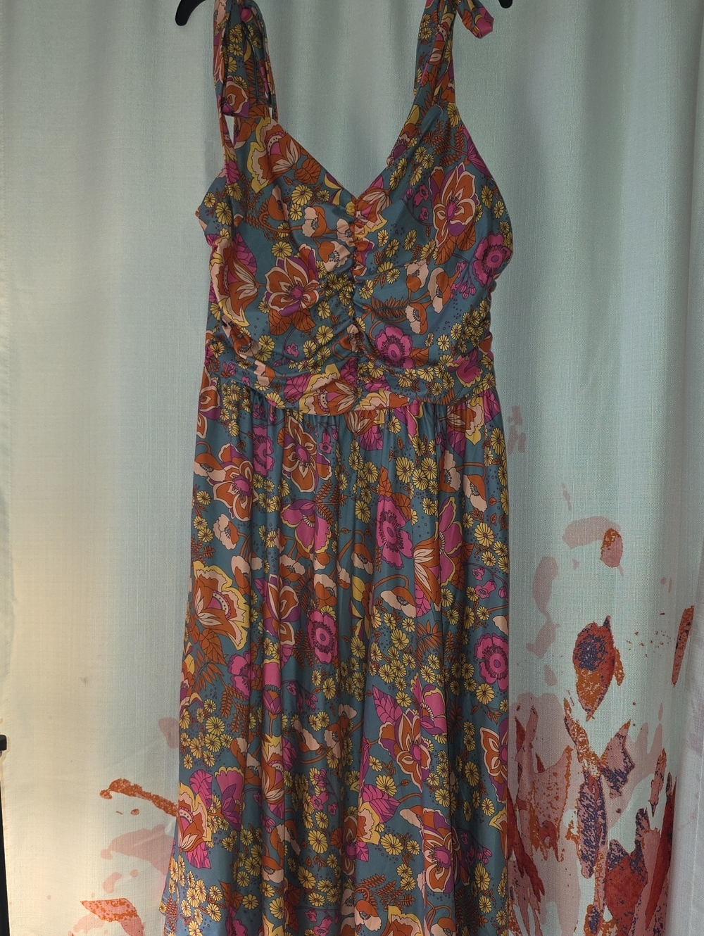 Floral Tie-Shoulder Midi Dress in Teal, Pink & Orange